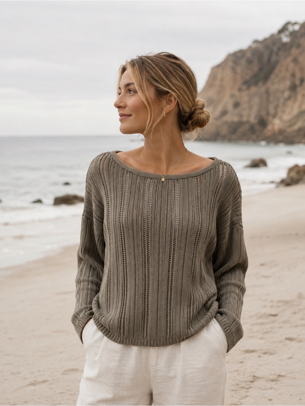 100% COTTON Reitmans Olive Open-Knit Sweater - Coastal Grandma Minimalist Size M